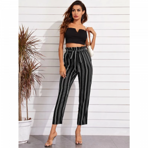 Pantalon De Vestir De Rayas Negro Cinturon Elegante