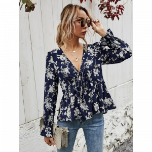 Blusa Manga Larga Escote V Floral Elegante