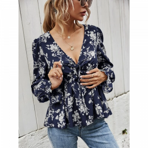 Blusa Manga Larga Escote V Floral Elegante