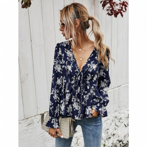 Blusa Manga Larga Escote V Floral Elegante