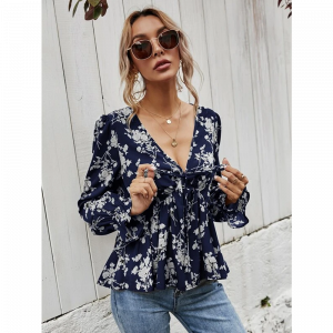 Blusa Manga Larga Escote V Floral Elegante