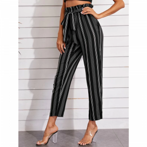 Pantalon De Vestir De Rayas Negro Cinturon Elegante